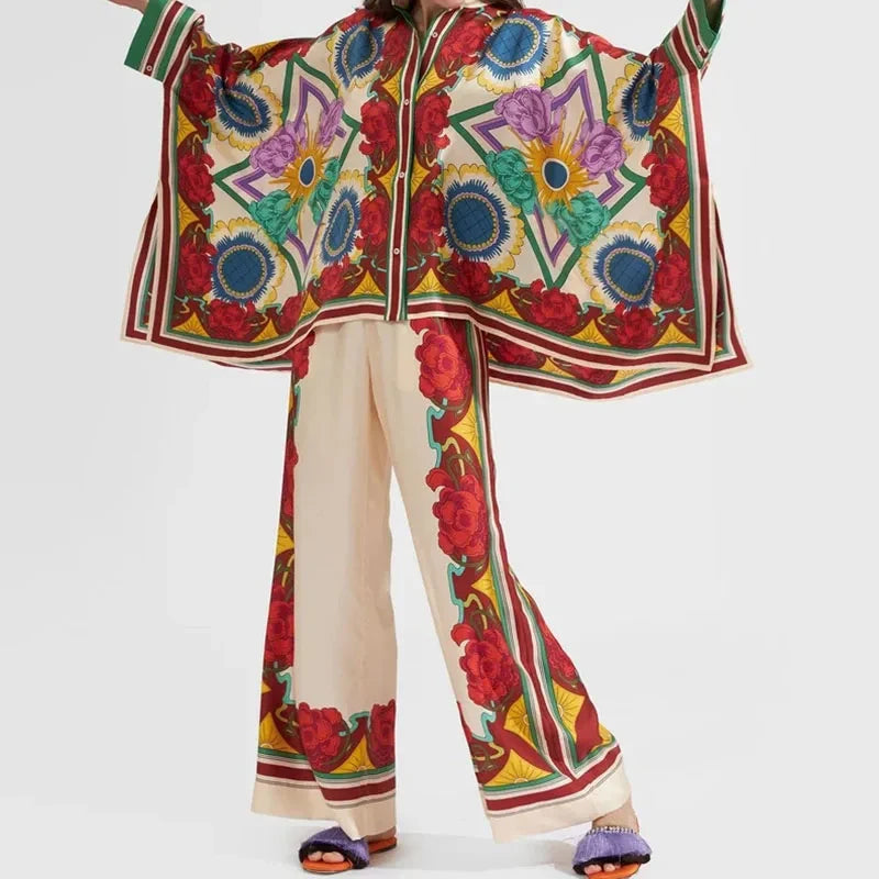 Retro Printed Loose Indie Folk Outfit Women Spring Stand Collar Button Irregular Top+Pant Set Fall Batwing Long Sleeve 2pcs Suit