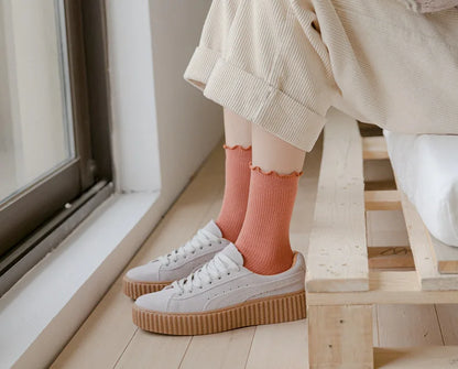 5 Pairs of Women's Solid Color Cotton Socks Japanese Style Ruffle Stacked Socks Cute Laciness Women's Long Socks