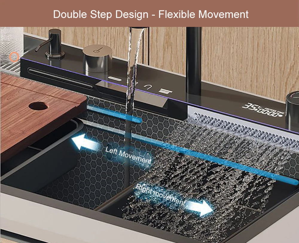 Stainless Steel Kitchen Sink with Hot Cold Pull Out Kitchen Sink Faucets Digital Large Single Bowl Waterfall Rain Kitchen Sinks