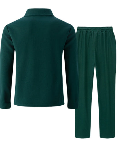 2025 Autumn New Style Waffle Pure Color Collar Pocket Long Sleeve Long Pants Casual Set.