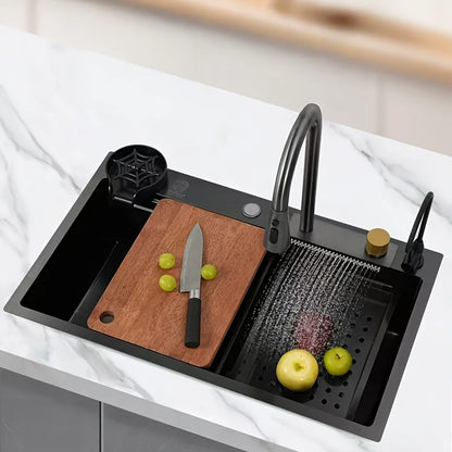 Multifunctional Stainless Steel Kitchen Sink – Double Basin Undermount with Waterfall Faucet, Drain Basket & Cutting Board