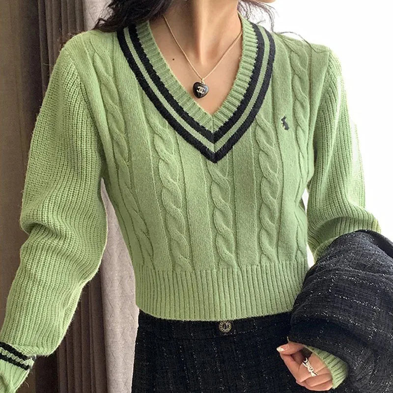 Koreanische Mode Pullover Frauen Herbst V-ausschnitt Y2K Cartoon Stickerei Gestrickte Tops Winter Weiche Grundlegende Langarm Pullover.