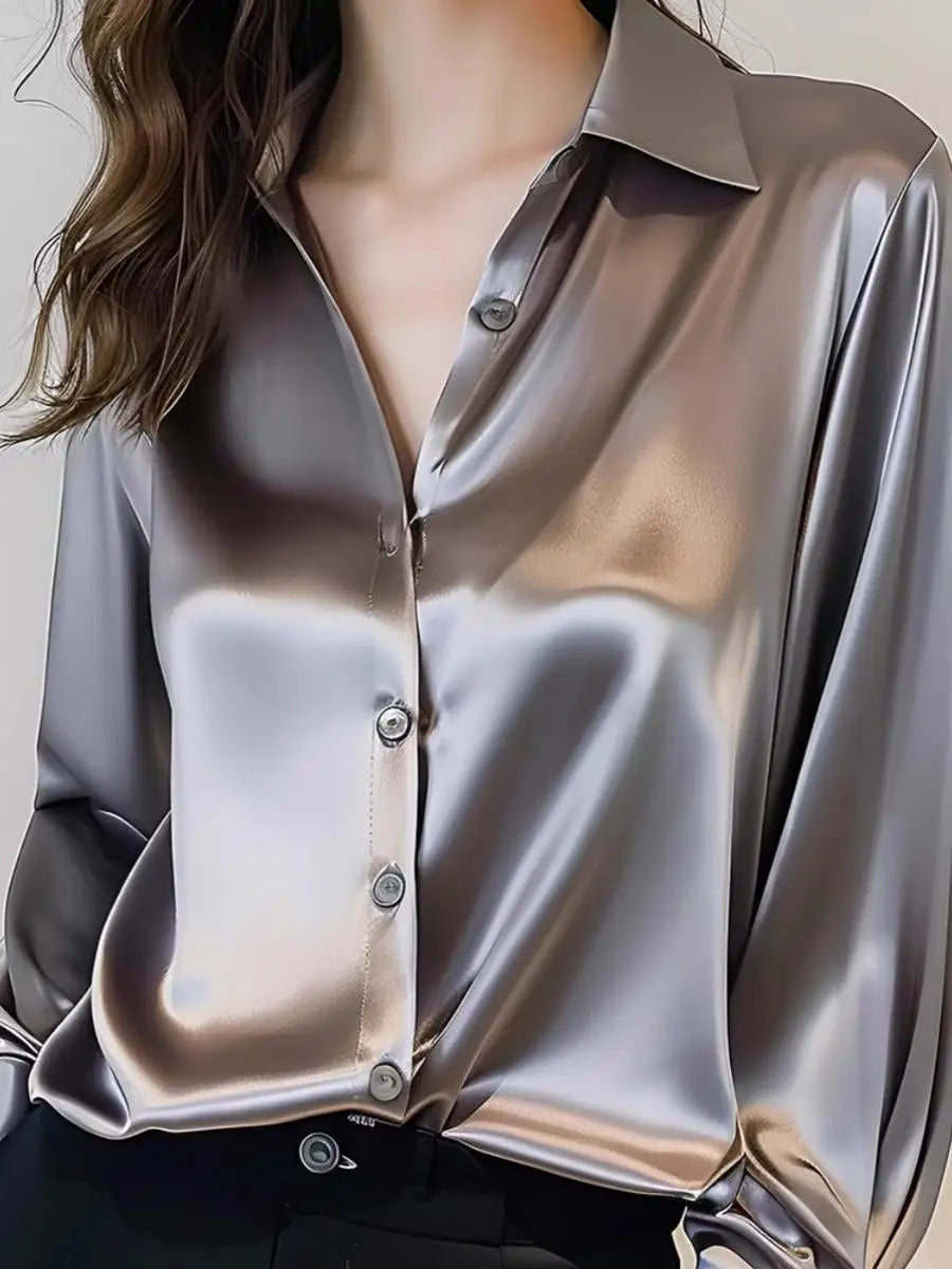 2025 Summer Women's Satin Shirts Elegant Plain Long Sleeve Blouse Office Lady Button-Up Shirt Top Female Shirts Blouse Autumn.