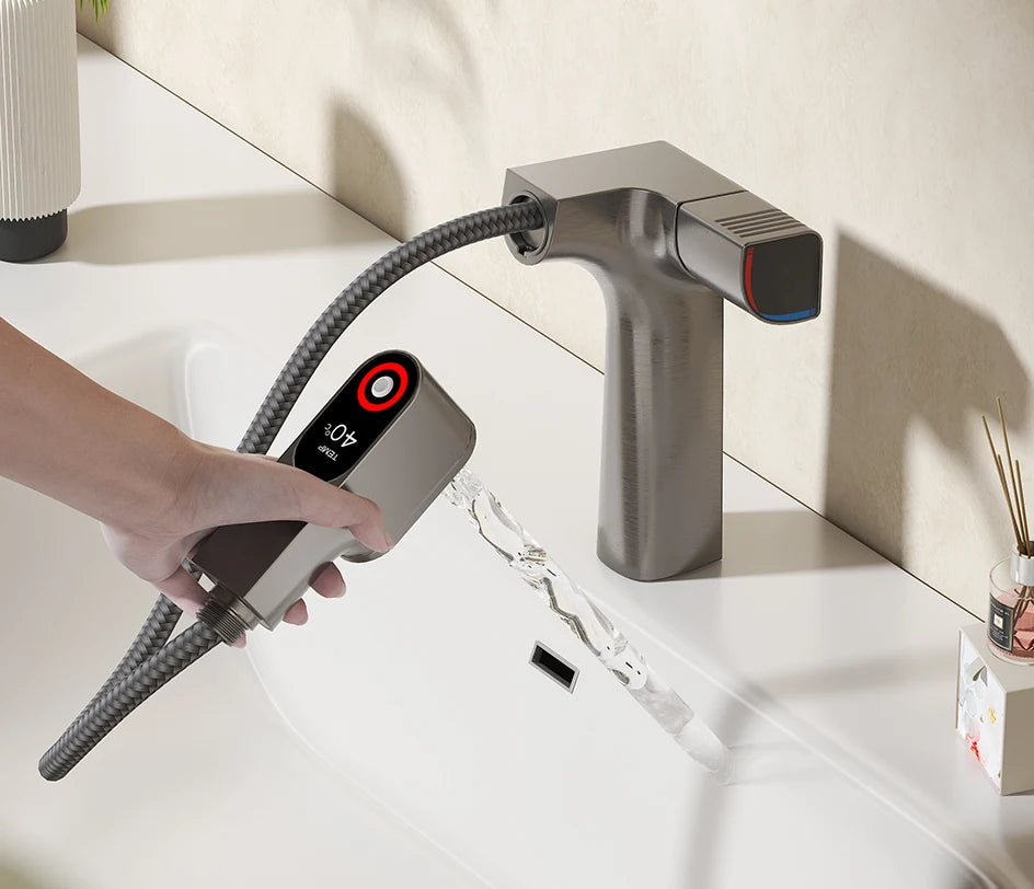 VGX Purified Bathroom Faucets Pull Out Water Filter Tap White Basin Mixer Sink Faucet Gourmet LED Display Brass Tapware Crane