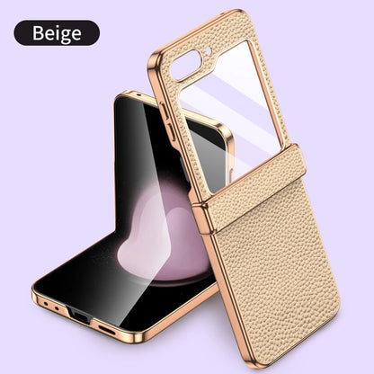 Cowhide Leather Phone Case for Samsung Galaxy Z Flip7 Flip6 Flip5 Flip 7 6 5 Luxury Hinge Protection Cover with Tempered Glass