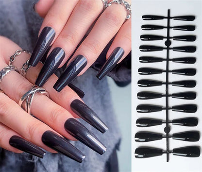 Red Black Gradient Press on Nails Medium Length Coffin Fake Nails with Sticky Tabs Ballerina False Nails Tips for Women 24Pcs.