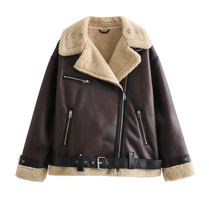 2023 Autumn/Winter New Women's Wear New Fashion Casual Loose Versatile Leather and Fur One Piece Jacket Coat.