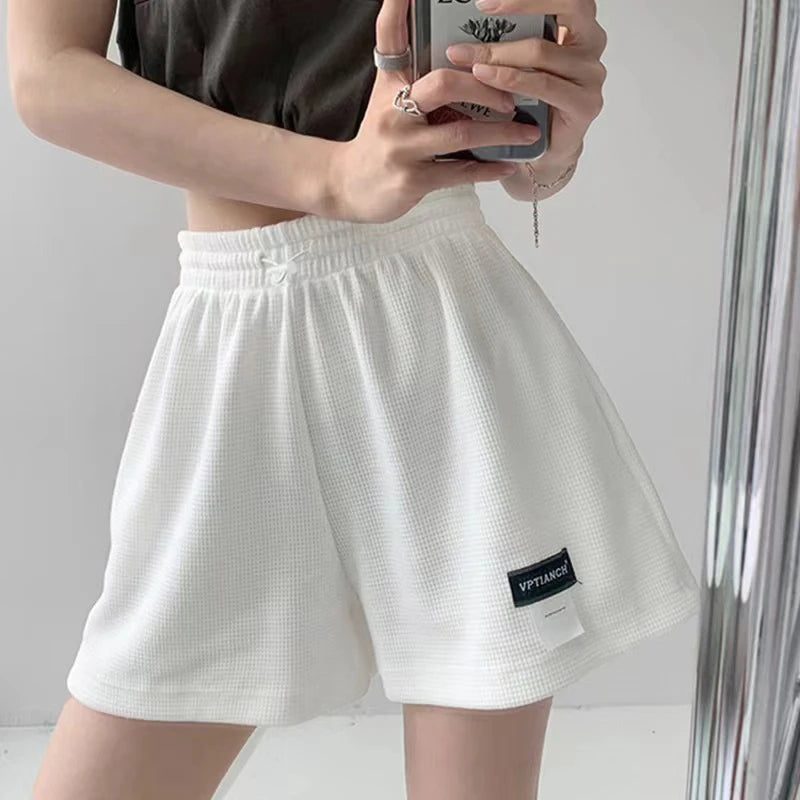 2025 Waffle Women's Shorts High Waist Black Shorts Casual Aesthetic Elastics Hot Pants Loose Summer Women's Clothing Bottoms