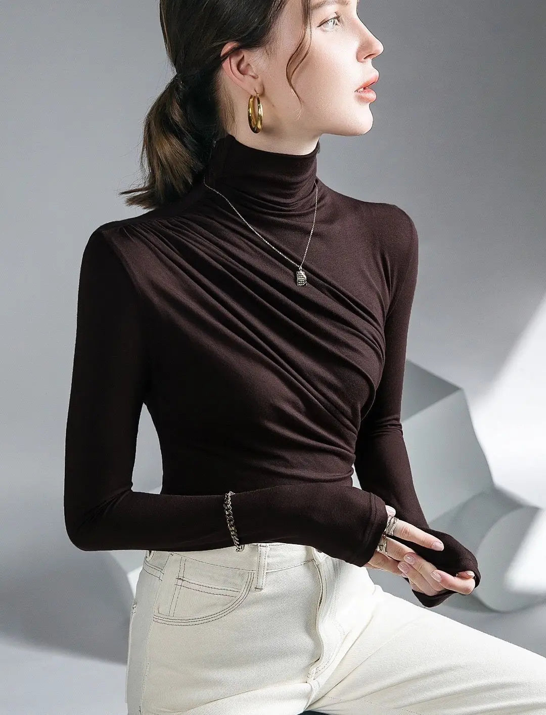 Pleated Stretch T-shirt New Spring Autumn Turtleneck Bottoming Pullover Women's Casual Elegant Basic Top Shirts Harajuku Gothic.