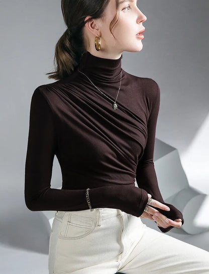 Pleated Stretch T-shirt New Spring Autumn Turtleneck Bottoming Pullover Women's Casual Elegant Basic Top Shirts Harajuku Gothic.