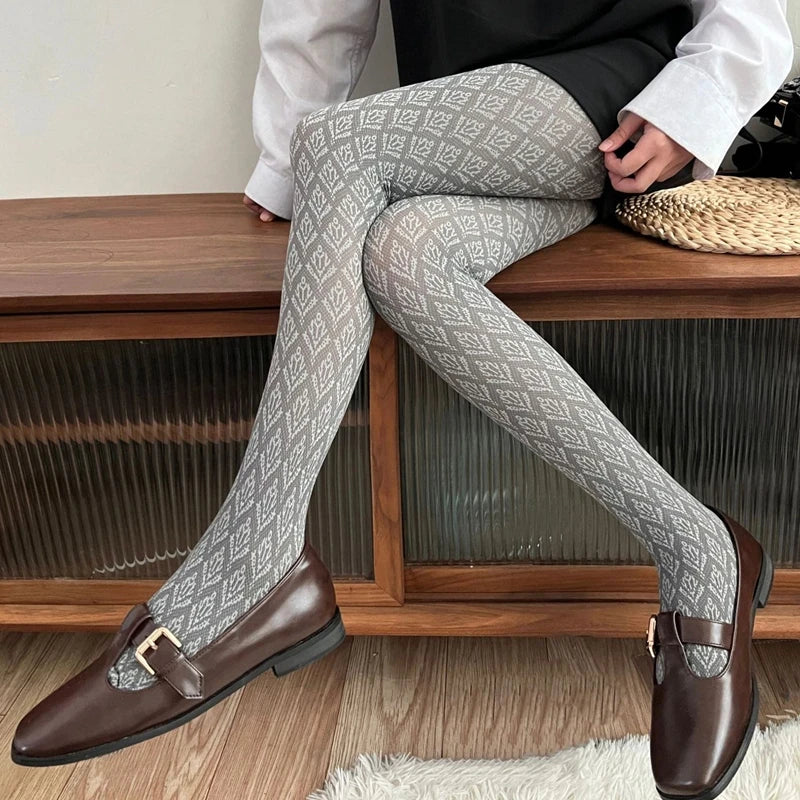 Retro Comfortable Velvet Women Tights Winter Autumn Jacquard Geometric Pantyhose Slimming High Elasticity Preppy Style Leggings