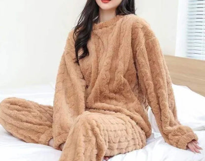 Herbst Winter Lose Süße Casual Pyjamas frauen Set Dicke Fleece Wolle Langarm Top Hause Elastische Taille Lange Hosen Hosen.