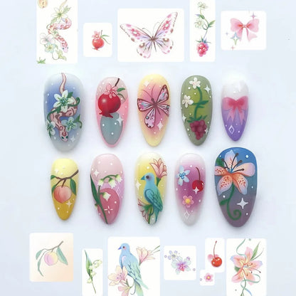 24pcs Flower Print Press on Nails Wine Red Blush Almond False Nail Tips Wearable Reusable Summer Spicy Girl Fake Nails.