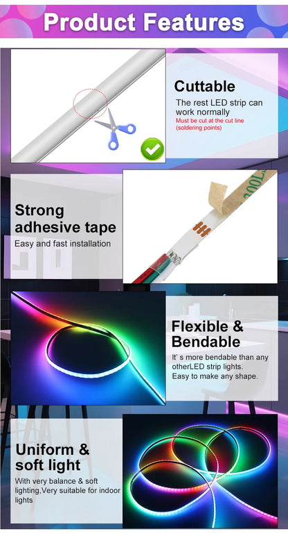 3mm 5mm 5V WS2812B Addressable COB LED Strip Individually IC RGB Flexible LED Strip High Density Dream Color LED Tape.