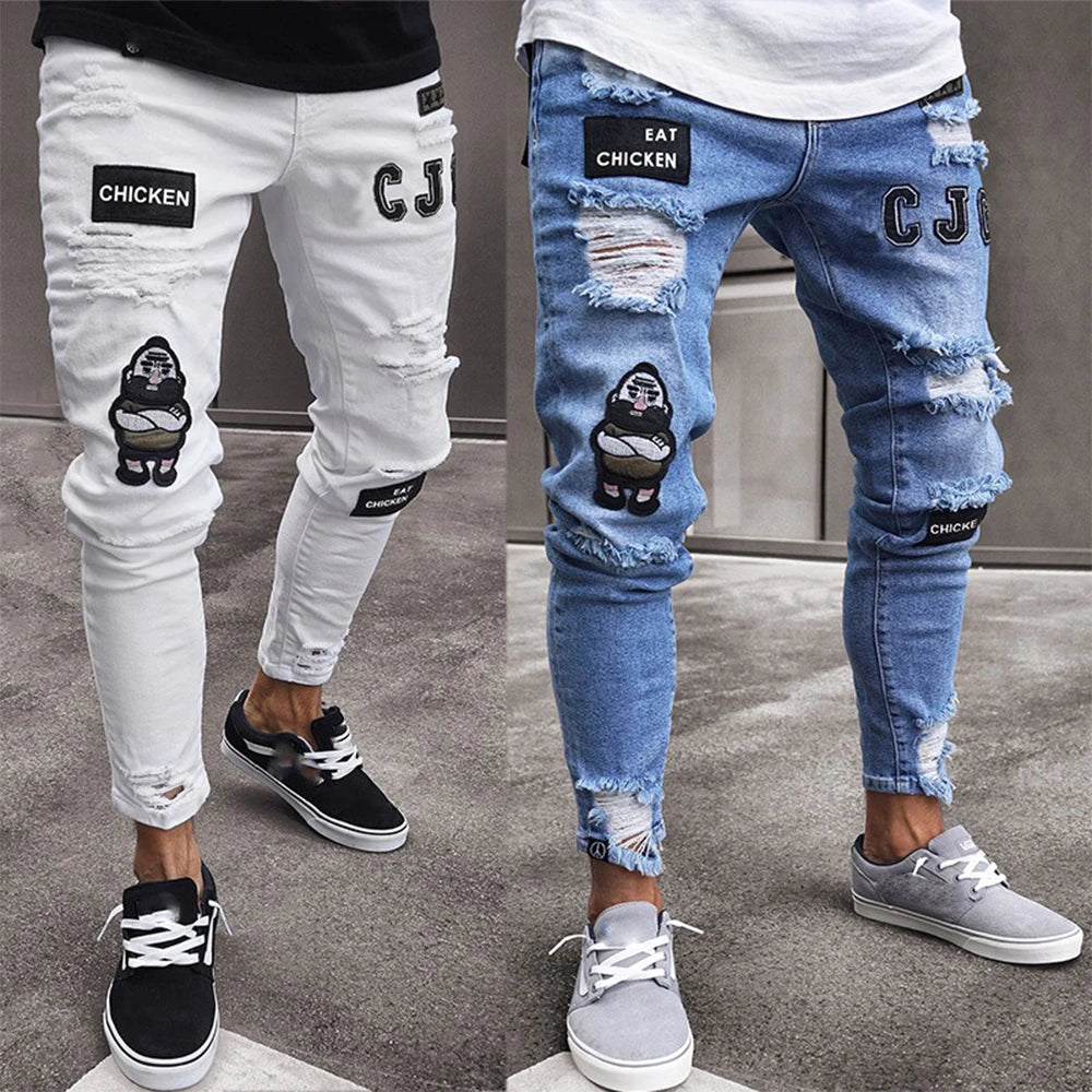 White Embroidery Skinny Ripped Jeans Men Cotton Stretchy Hole Slim Fit Hip Hop Denim Pants Casual Jeans for Men Jogging Trousers.