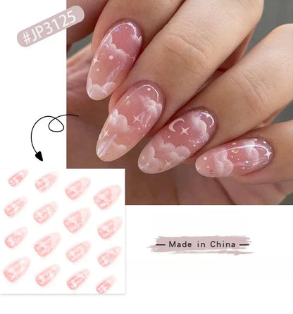 24Pcs Pink Cloud Sweet Star Moon Acrylic Nails Press on Almond Wearable Full Cover False Nails Art Tips Fingernail Beauty.