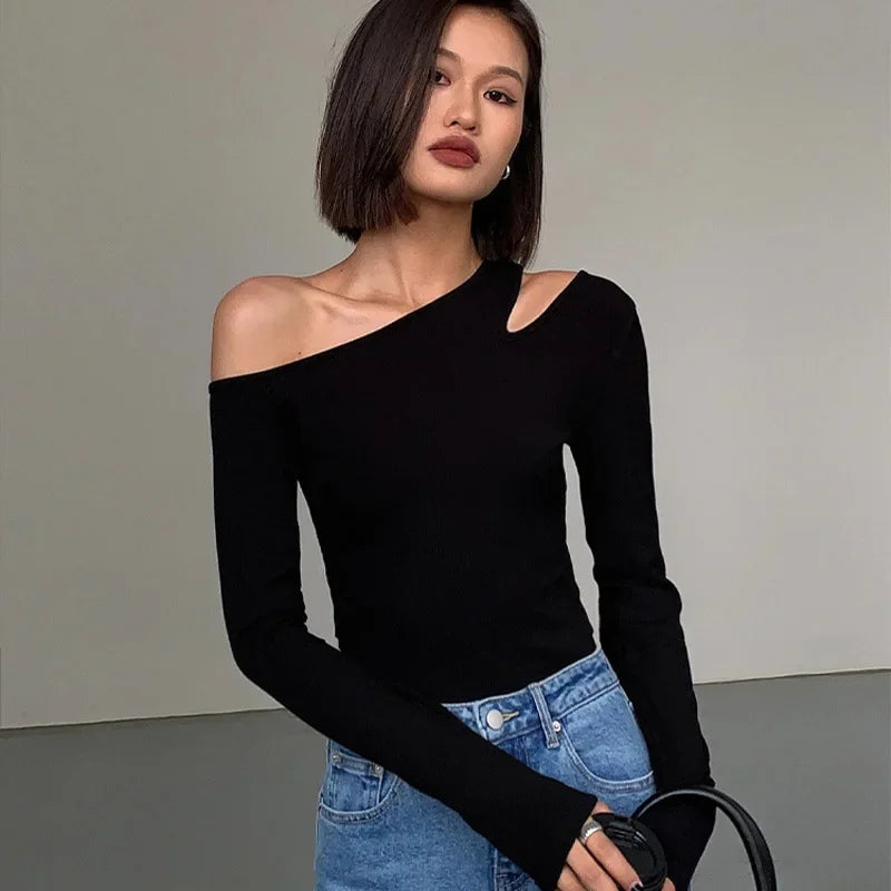 Fashion Skew Collar Off-shoulder Long-sleeved T-shirts Women Spring New Solid Slim Fit Crop Top Sexy Hollow Out Tees Shirts.