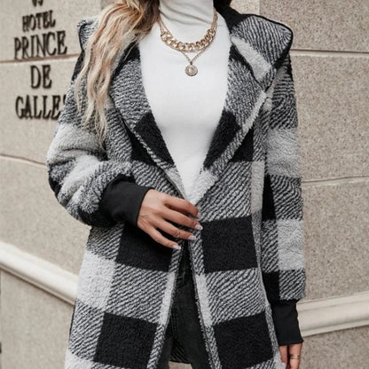Frauen Herbst Winter Doppel Fleece Plaid Strickjacke Weiche Lose Lange Hülse Plüsch Warme Mit Kapuze Jacke Weibliche Patchwork Oberbekleidung Mantel.