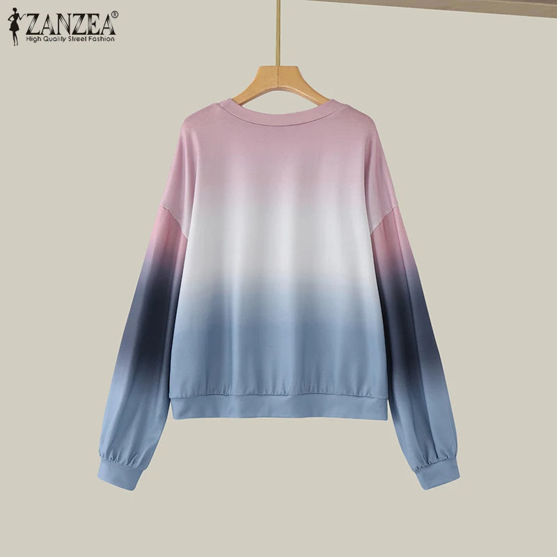 ZANZEA Plus Size Sweatshirts Women Long Sleeve Autumn Fashion Hoodies Gradient Color Round Neck Causal Loose Pullovers 2025 5XL.