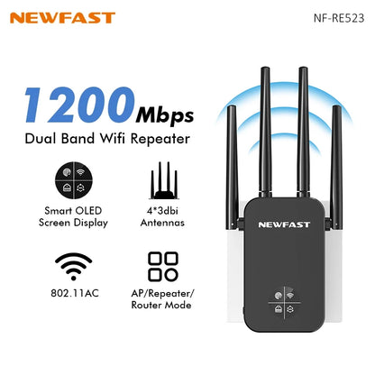 Comfast 1200Mbps Wifi Repeater 2.4/5G Dual-band Wireless WIFI Extender Smart Screen Home Router 4 Antennas WPS/RESET EU Plug