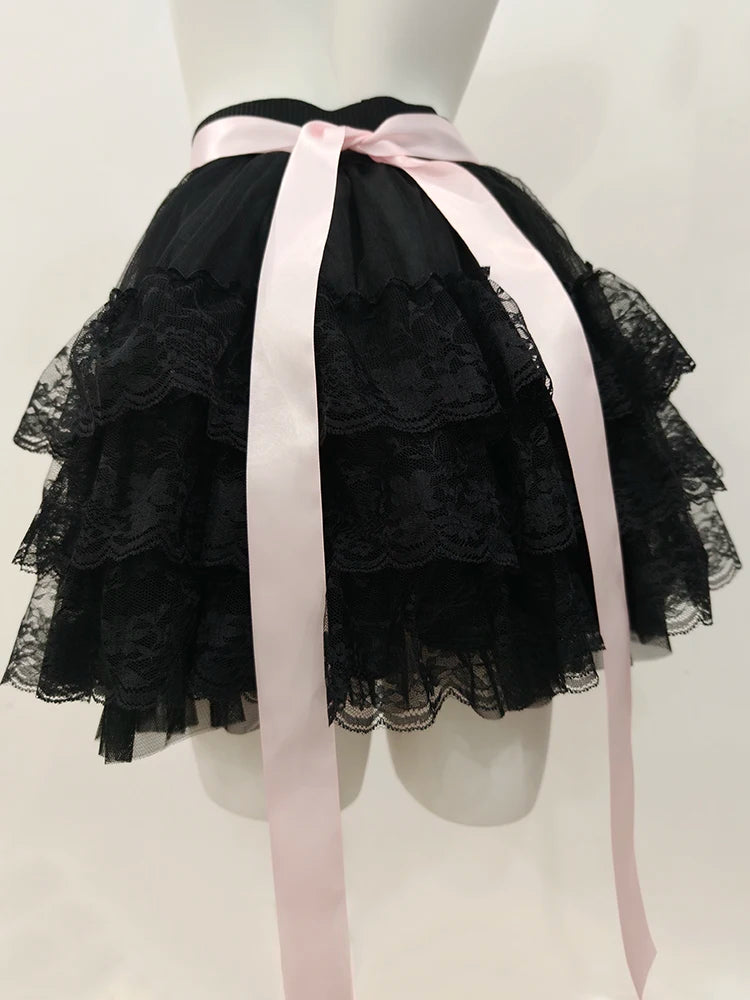 Multilayered Lace Skirts for Sweet Girls Summer Ribbons Bows Decoration Elastic Waist Lolita Style White Skirt Kawaii Clothes.