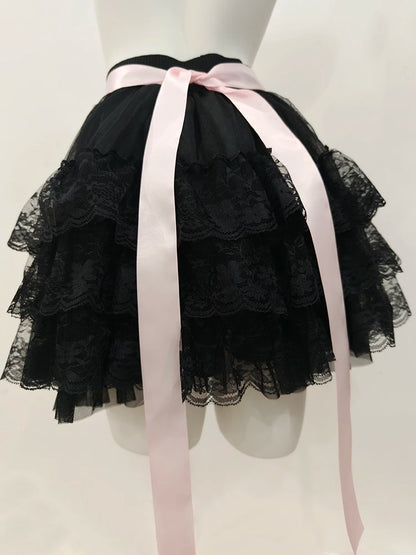 Multilayered Lace Skirts for Sweet Girls Summer Ribbons Bows Decoration Elastic Waist Lolita Style White Skirt Kawaii Clothes.