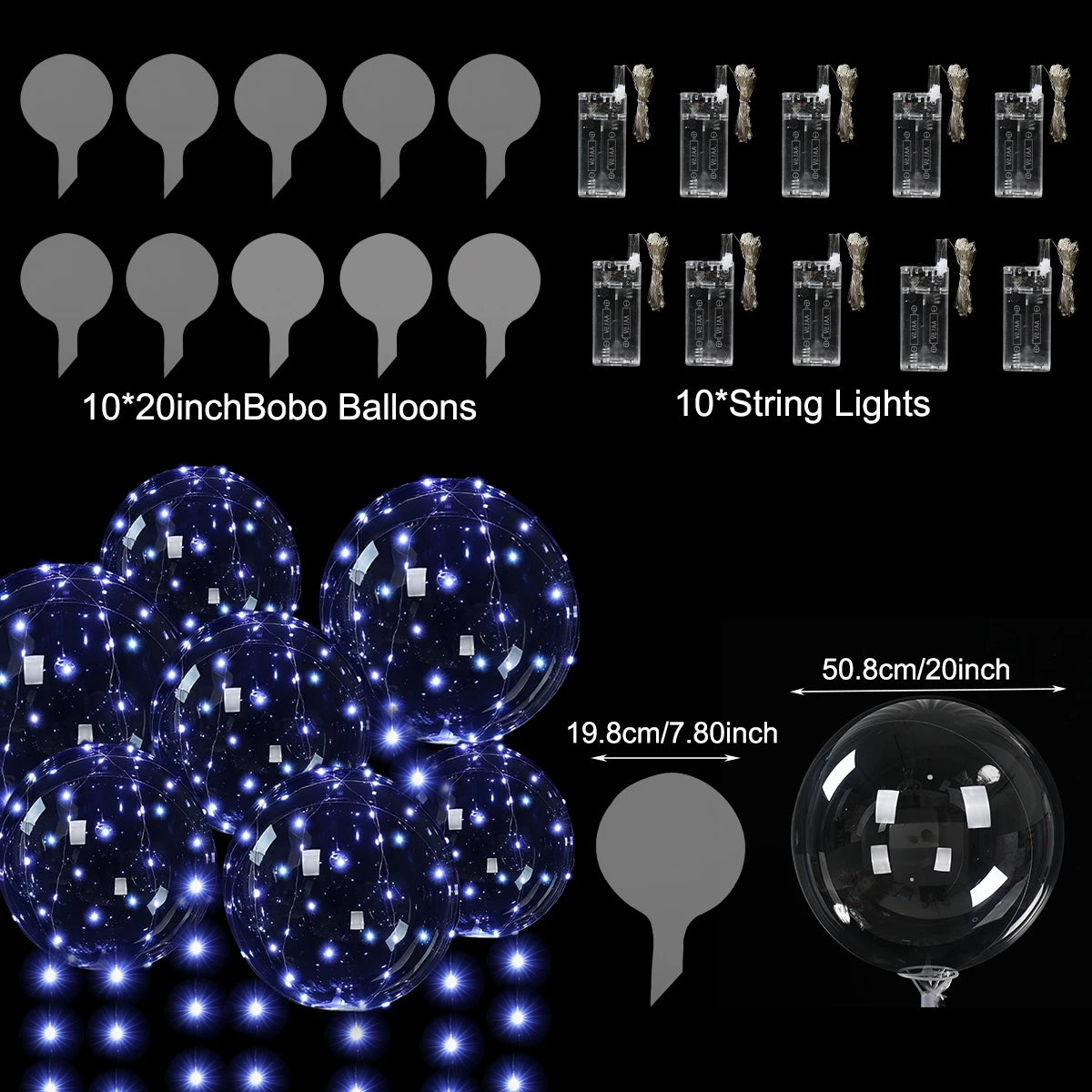 10 Stück LED-Leuchtballons, die im Dunkeln leuchten, transparente LED-Bobo-Luftballons mit Lichterkette für Geburtstag, Hochzeit, Party, Dekoration.