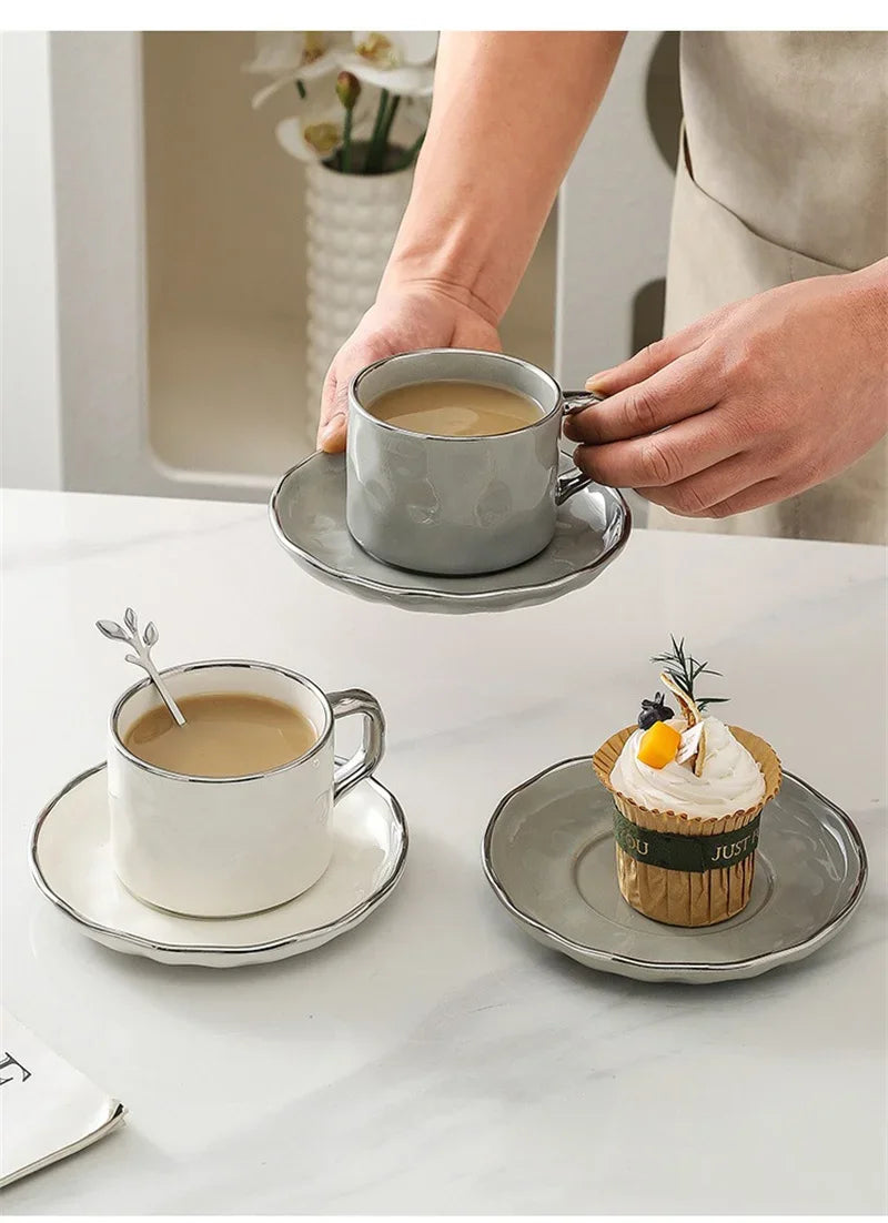 230ml European Style Coffee Cup with Saucer and spoon Ceramic mug Solid Color Tea Cup and Saucer Set Afternoon Tea Milk Cup.