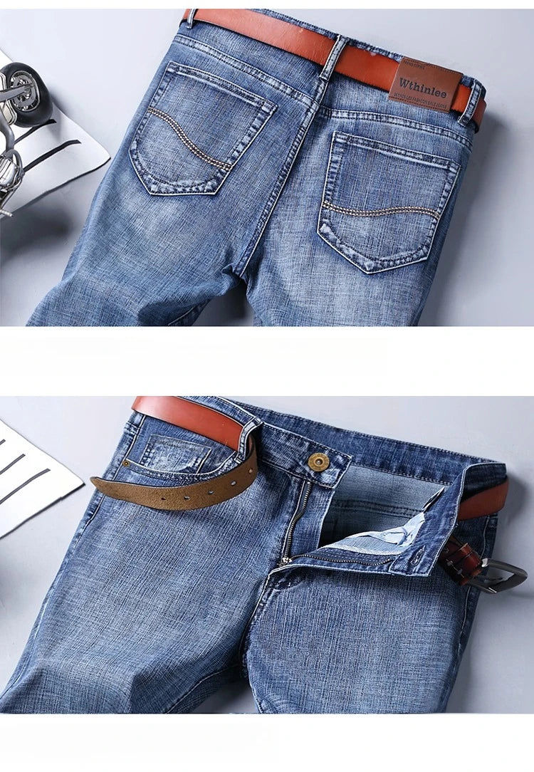 New Business Men's Jeans Casual Straight Stretch Fashion Classic Smoke Gray Blue Black Work Denim Trousers Male Brand Clothing