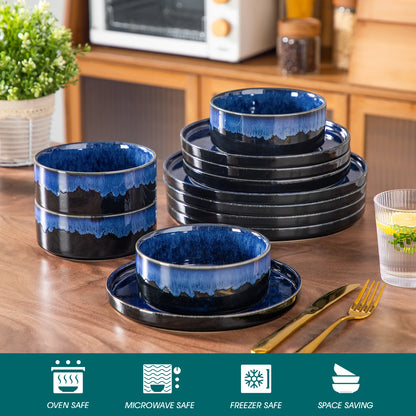 vancasso 12/24 Piece Dinner set Black Blue Reactive Glaze Vertical edge Dinnerware set with 4PCS Dinner Plate/ Dessert/Bowl.