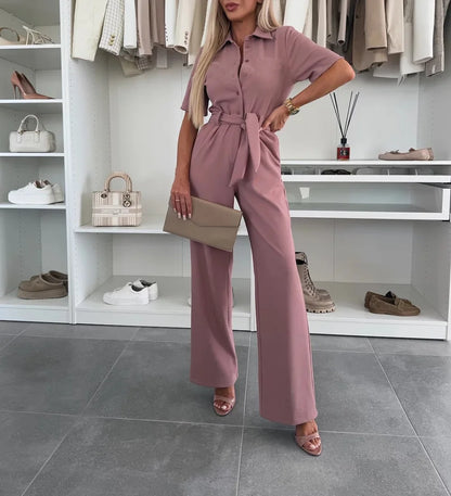 New Spring Summer Women Jumpsuits, Elegant Office Lady Jumpsuit Solid Color Belt Short Sleeve Casual Overalls Wide Leg Pants.