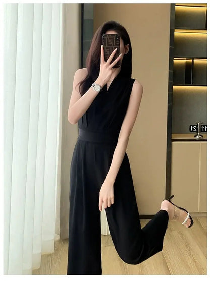 Women's Wide Leg Jumpsuit Pants 2025 Summer New Casual Straight Tube Sports Overalls V-neck Sleeveless Bodysuit For Women Romper