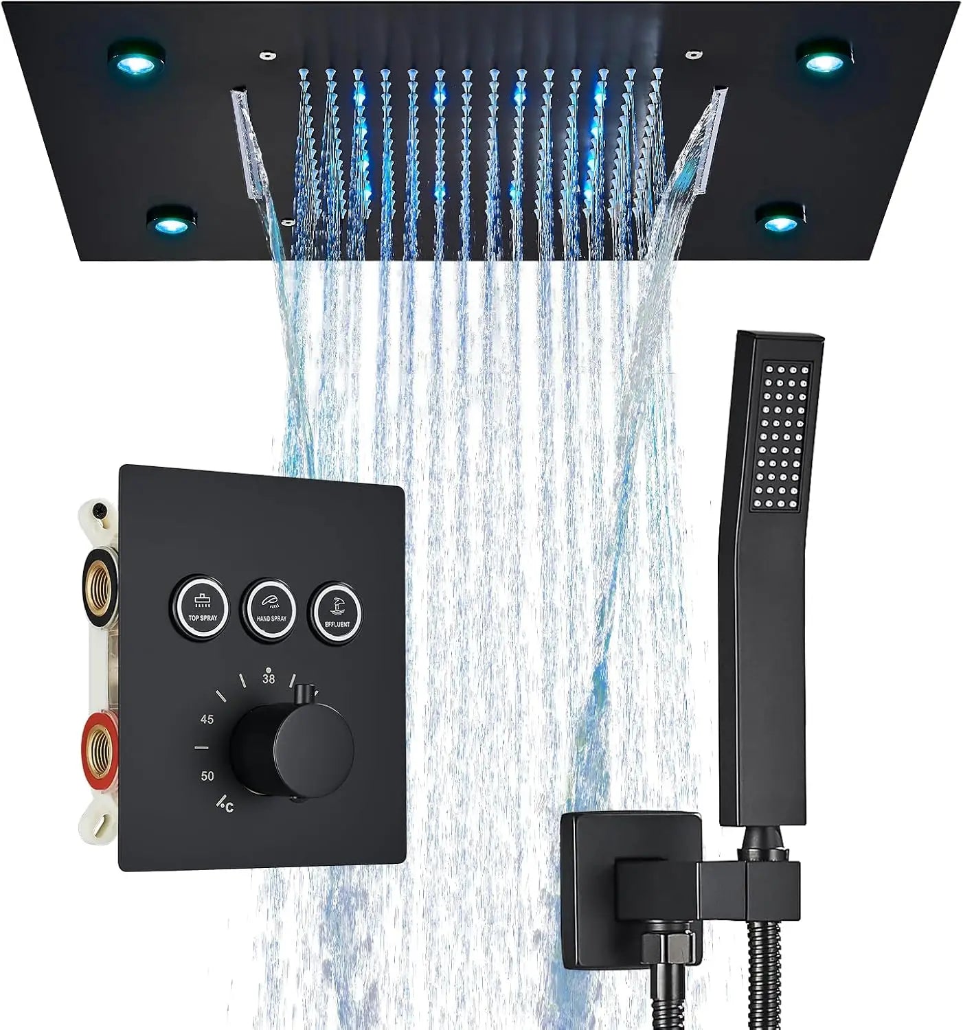 Thermostatic Mixers Bathroom Shower Faucet Set Led Rain Waterfall Bathtub Shower System Remote Control Colors Ceiling Mounted