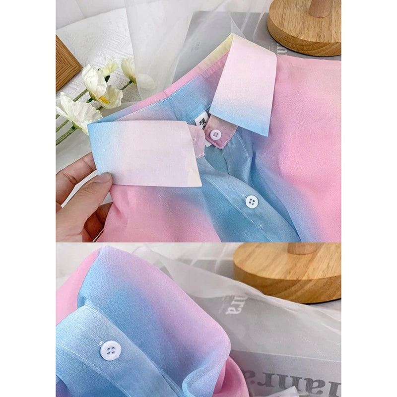 Irregular Gradient Rainbow Long Sleeved Shirt And Blouses Thin Youthful Women's Clothing Loose Top Pink Casual Transparent New.