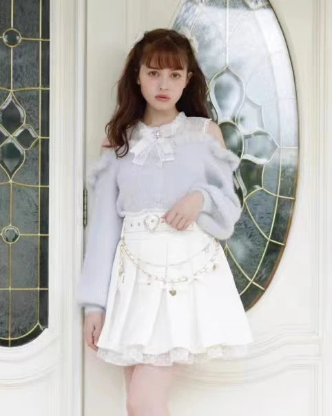 Liz-Pullover, japanische Massenproduktion, Herbst- und Winterwolle, schulterfrei, Spitze, schmaler kurzer Pullover, weicher, pelziger Strickpullover.