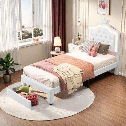 Rosahqnda Kinderbett, gepolsterter Bettrahmen, Krone, Kopfteil, Schubladenschrank, verstellbare Kopfteil-Lederoberfläche