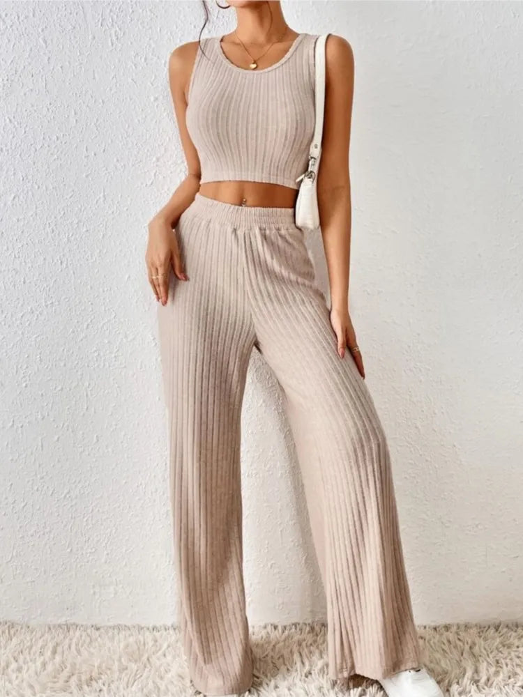New Spring Solid Color Fashion Casual Knitted Cotton Waist Sleeveless Tank Top High Waist Pants Set For Women's Clothing.