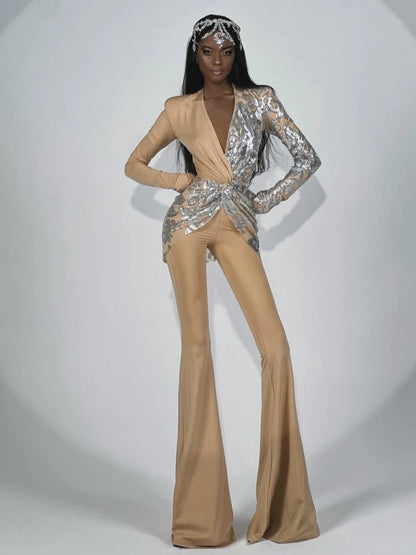Sexy Deep V Neck Sparkly Diamonds Design Jumpsuit Women Long Sleeve Draped Wide Leg Jumpsuit Elegant Evening Club Costume Runway.