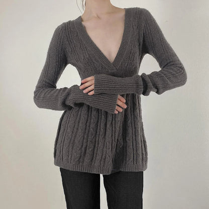 Y2K Zopfmuster-Pullover für Damen, weicher Pullover mit V-Ausschnitt, Tunika, solider A-Linien-Saum, langer Pullover, dehnbar, lässig für Herbst und Winter.