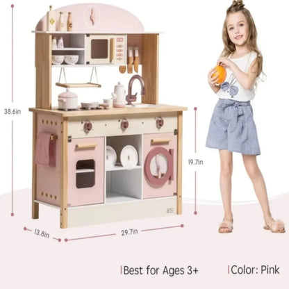 Robotime Robud Kids Corner Kitchen Playset Wooden Play Kitchen Set with Realistic Sound Pretend Play Gift for Boys Girls Pink.