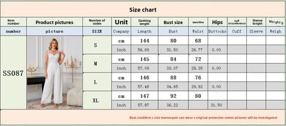 Sexy V-neck White Chiffon Lace Romper Wide Leg Wedding Party Banquet Women's Cross-border Clothing Lace Long Pants.