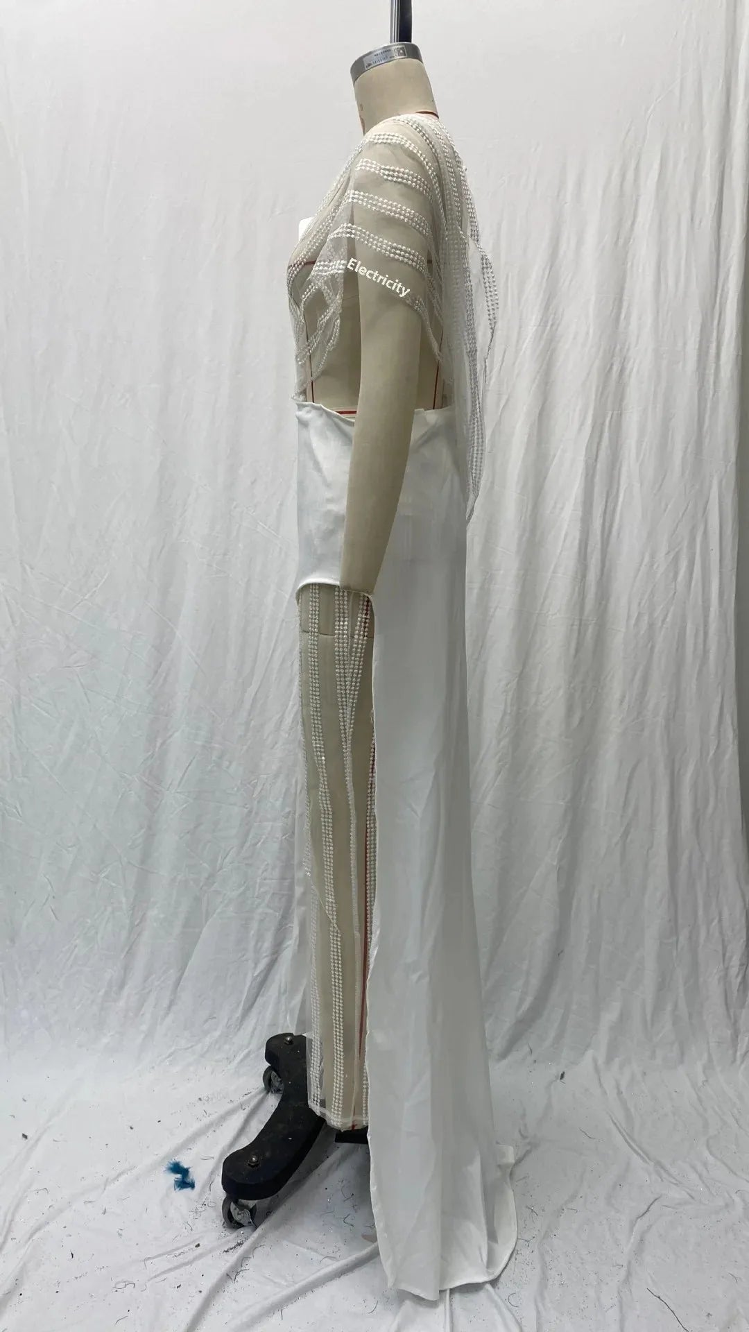 2024 Spring New Women's Clothing Amazon V-Neck Lace Irregular Gown Jumpsuit Colorful Blocks Inverted Pleated Prom Gowns.