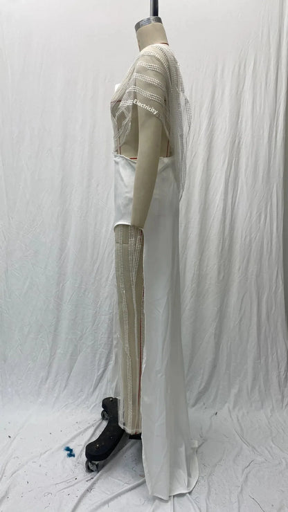 2024 Spring New Women's Clothing Amazon V-Neck Lace Irregular Gown Jumpsuit Colorful Blocks Inverted Pleated Prom Gowns.