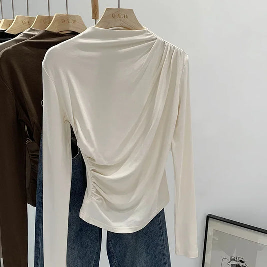 Early Autumn Pure Color High Neck Pleated Slim Fit Sexy Base Shirt Women's Fashionable Crew Neck T-shirt Full Sleeve China Origi.