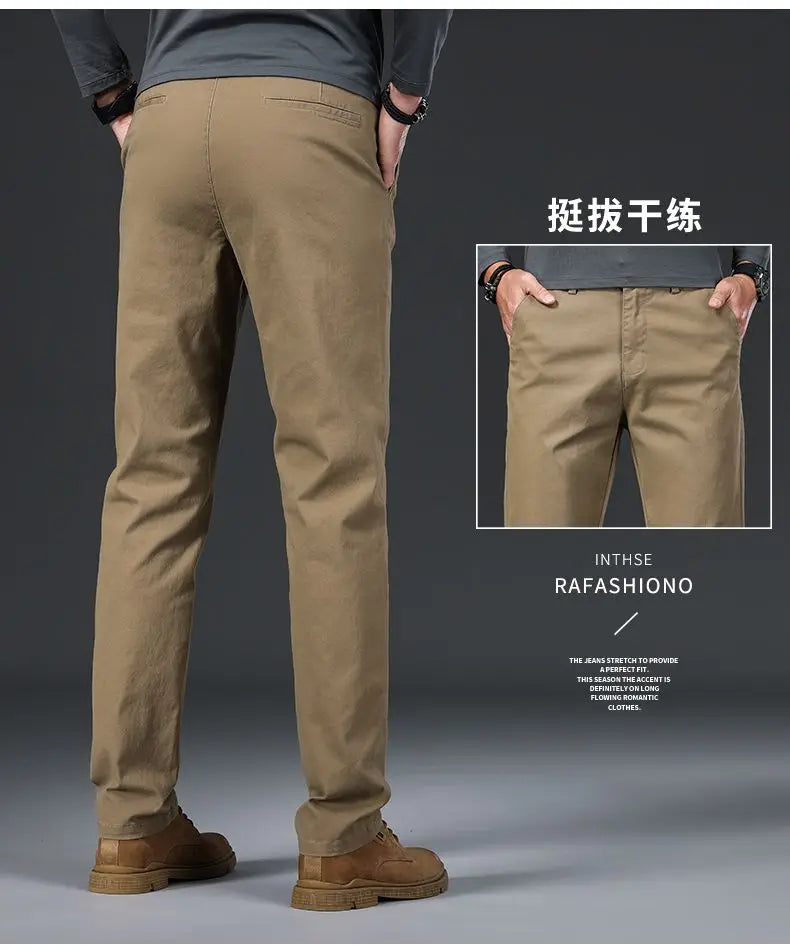 Cotton Men's Casual Pants Straight Stretch Trouser Male Fashion Slim Business Dress Golf Office Spring Autumn Khaki Black Formal