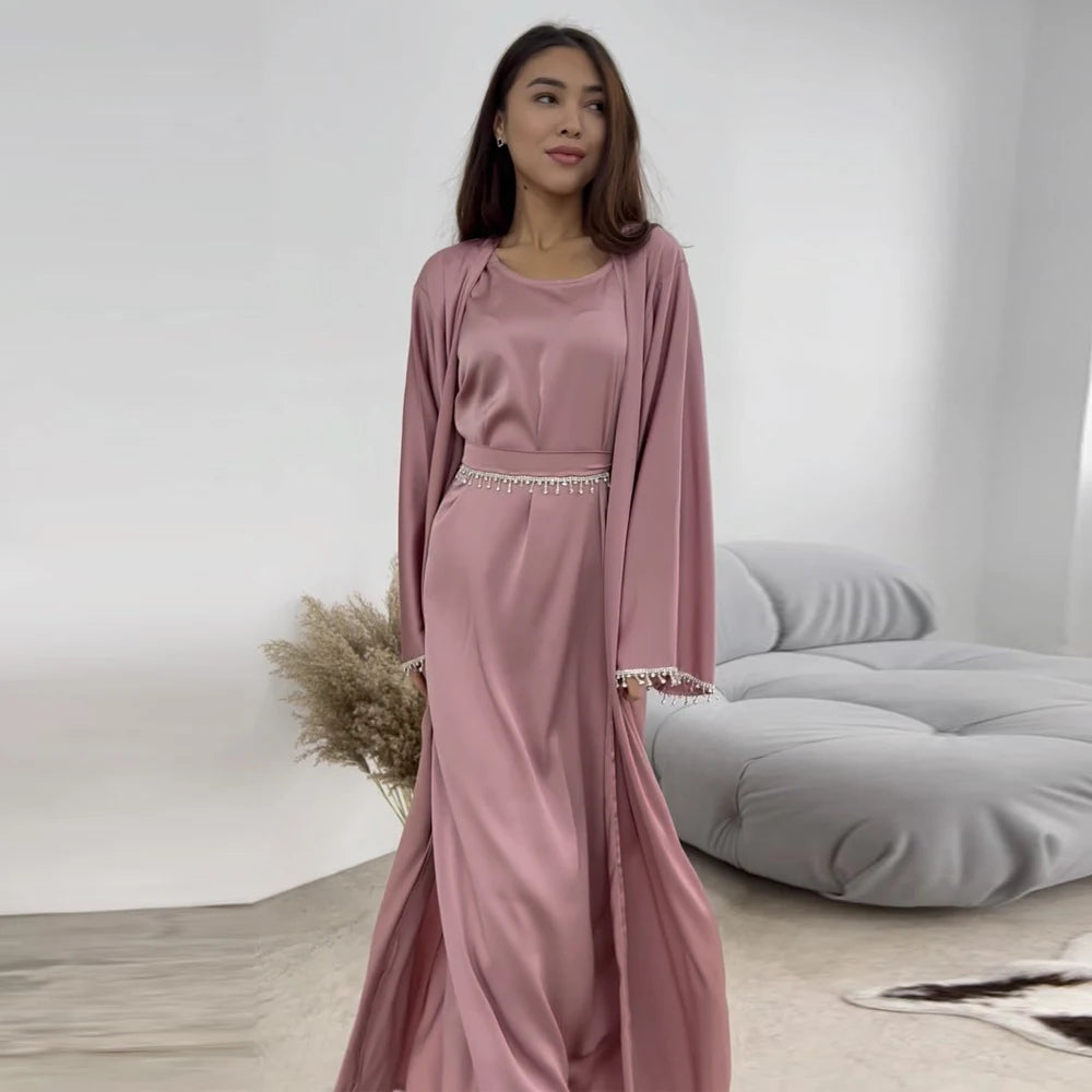 Ramadan Kebaya Chain Satin Kimono 2 Piece Abaya Set Turkey Islam Dress Muslim Sets Abayas For Women Robe Femme Musulmane Kaftan.