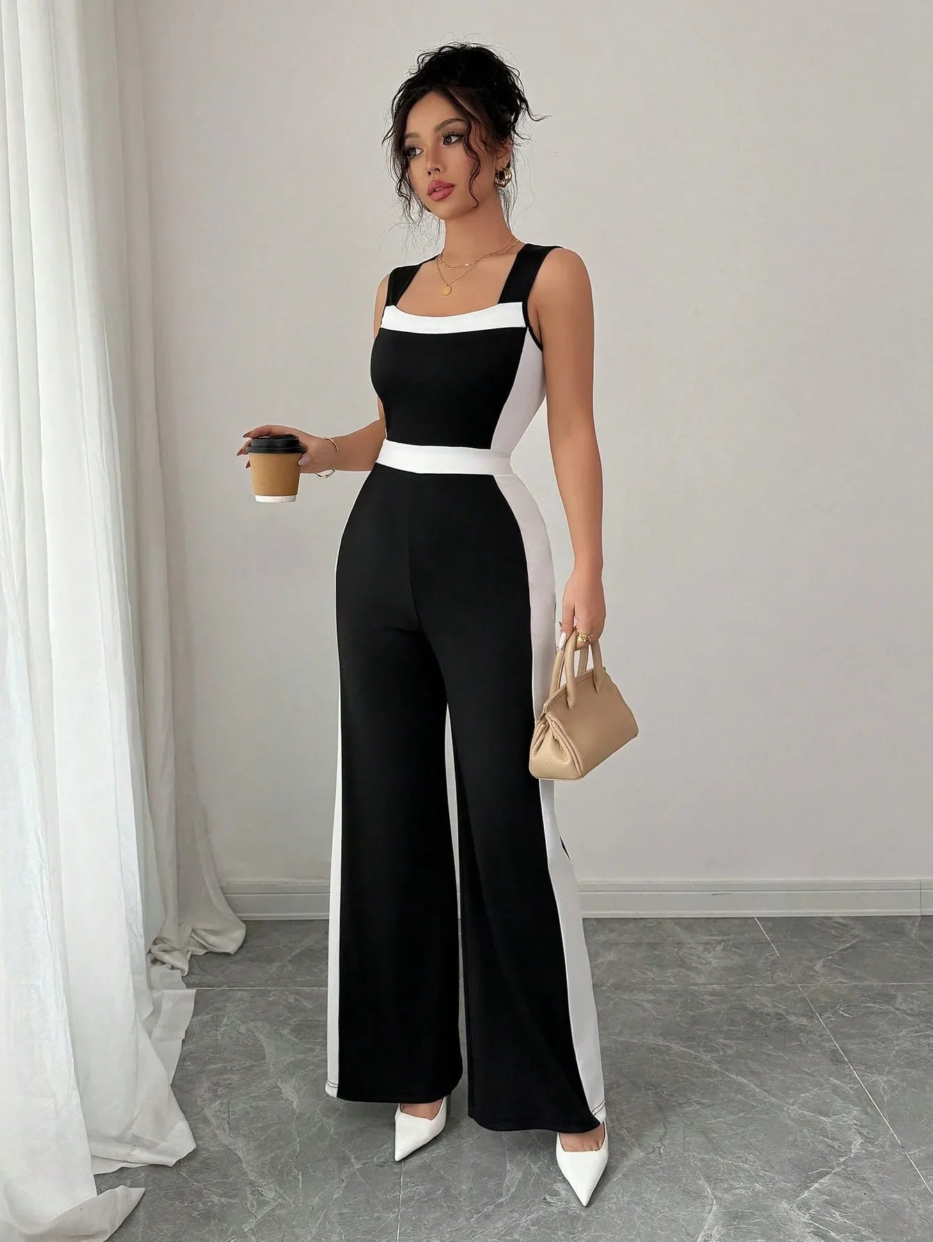 Elegant Color Block Wide Leg Jumpsuit Sleeveless Women's Spring Summer Vacation Style Cross-Border Fashion Ladies' Outfit.