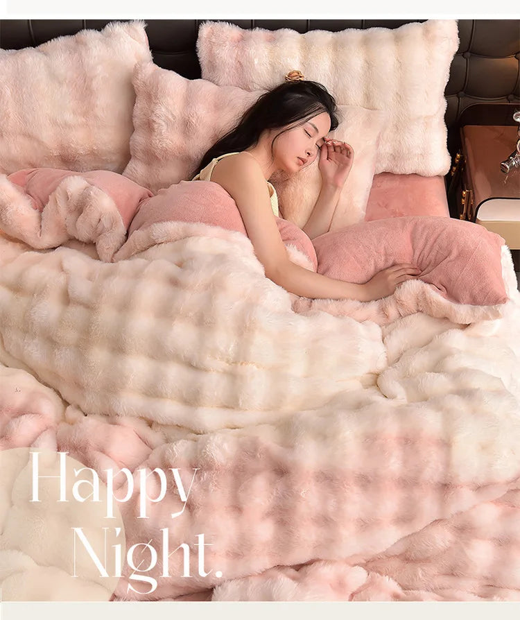 2024 new light luxury rabbit velvet four-piece set thickened warm milk velvet rabbit hair tie-dye bed sheet quilt cover.