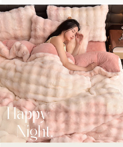 2024 new light luxury rabbit velvet four-piece set thickened warm milk velvet rabbit hair tie-dye bed sheet quilt cover.