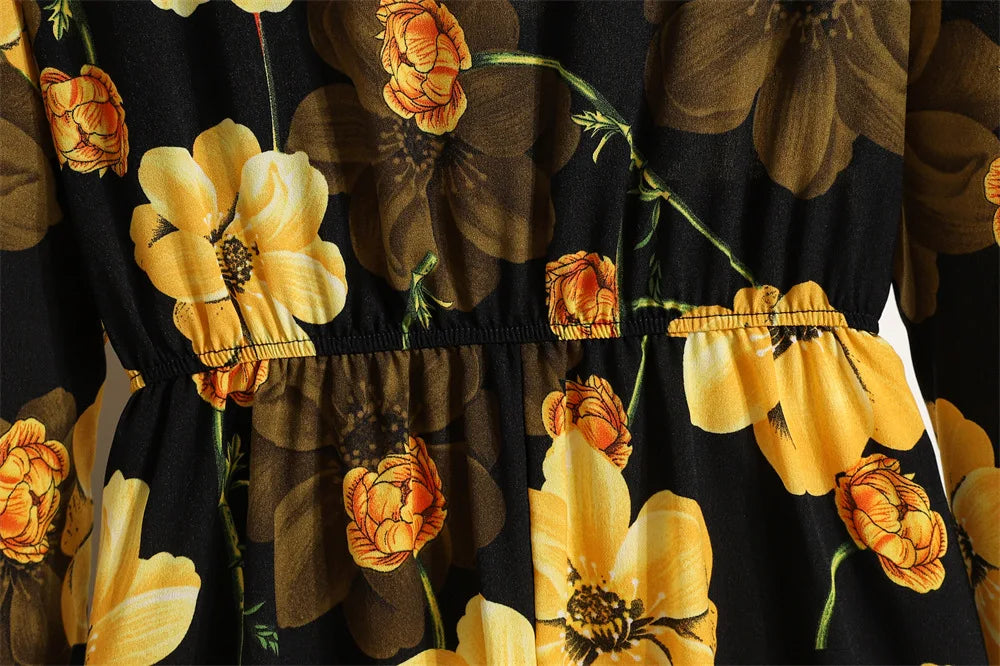 Women Floral Printed Maxi Dresses Spring Summer Casual O Neck Full Sleeve High Waist A Line Boho Beach Party Long Dress Vestidos.